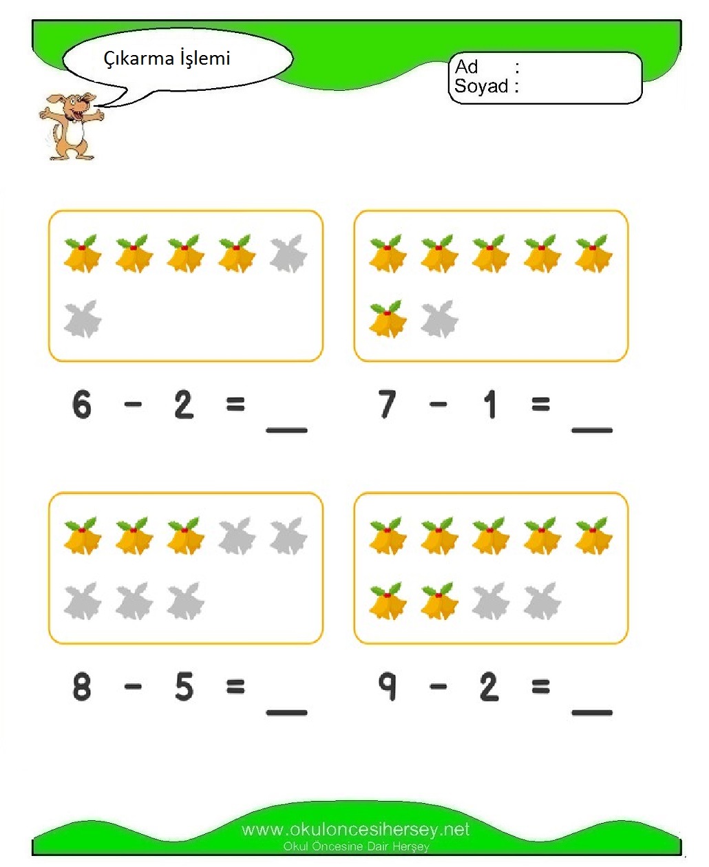 okul öncesi çocuklar için Çıkarma İşlemi çalışma sayfaları